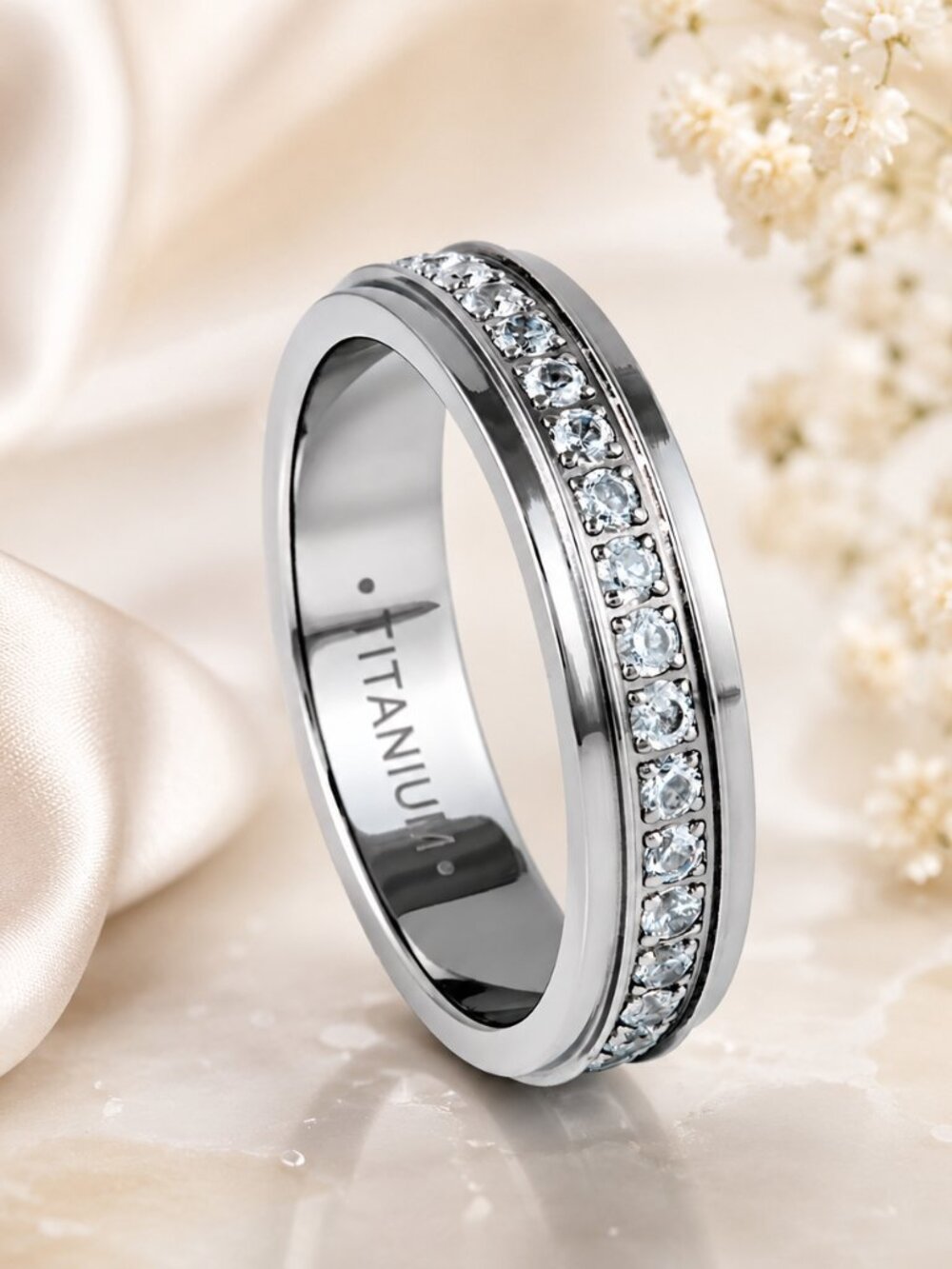 Silver Titanium Band Ring with Clear CZ Channel - GALTI034-6